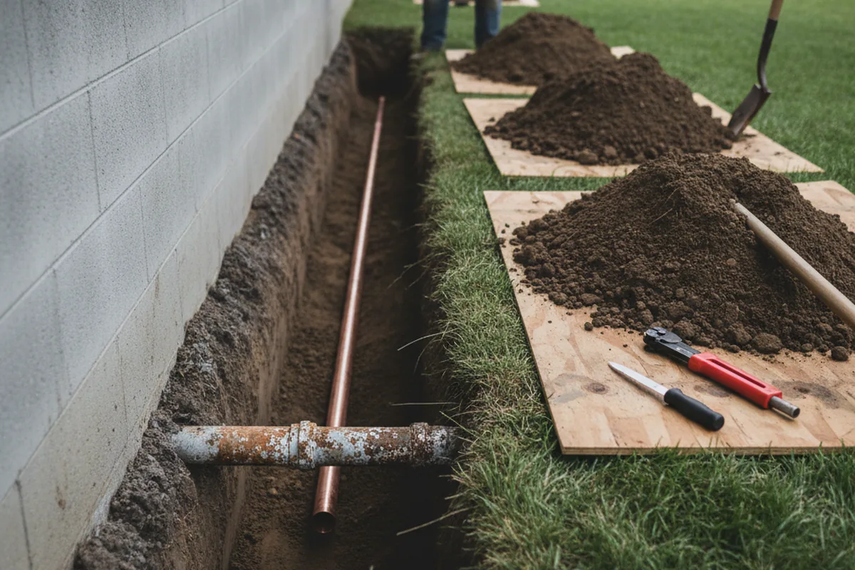 Excavated water line trench during Sewer Line Repair in Pierce City
